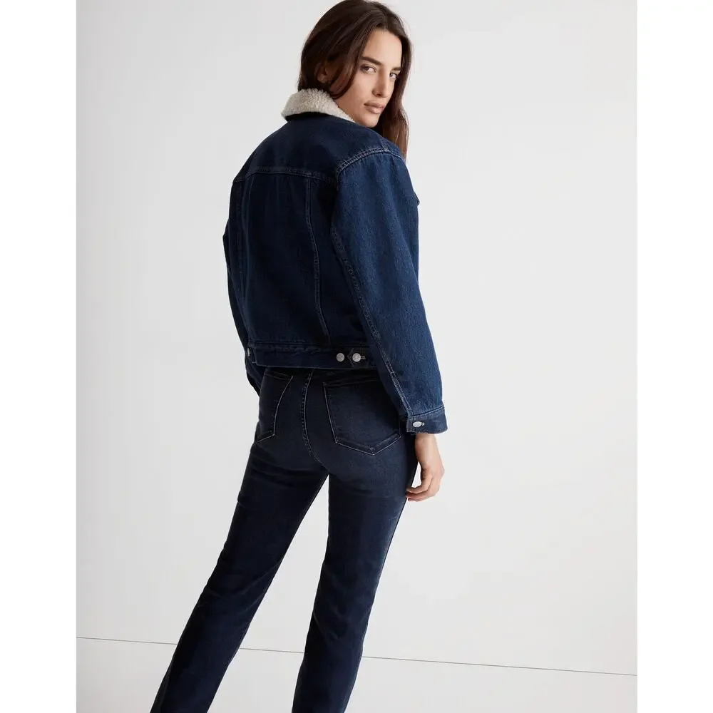 Madewell Cropped Sherpa Denim Trucker Jacket Medium Oversized Western Americana - Picture 14 of 16